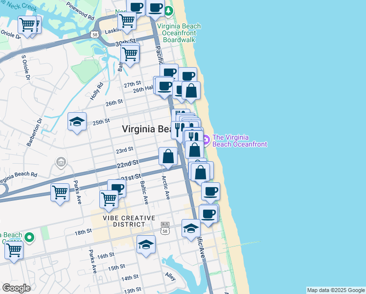 map of restaurants, bars, coffee shops, grocery stores, and more near 2201 Pacific Avenue in Virginia Beach