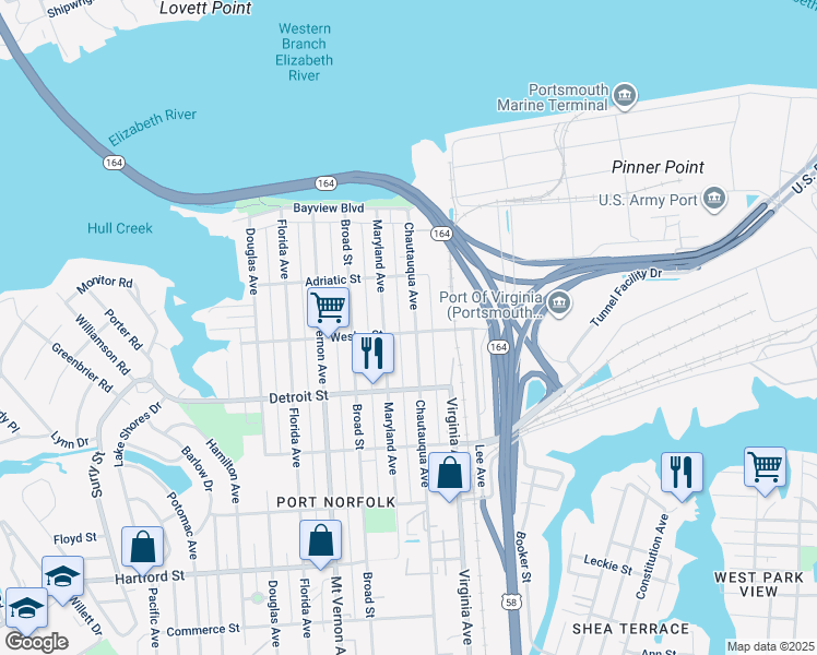 map of restaurants, bars, coffee shops, grocery stores, and more near 246 Chautauqua Avenue in Portsmouth