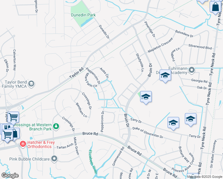 map of restaurants, bars, coffee shops, grocery stores, and more near 4407 Clove Court in Chesapeake