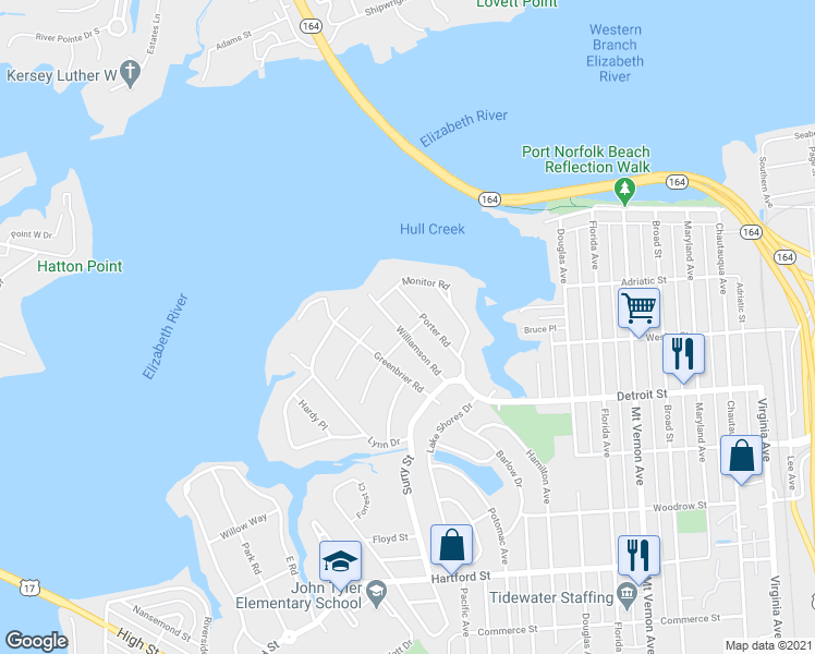 map of restaurants, bars, coffee shops, grocery stores, and more near 111 Williamson Road in Portsmouth