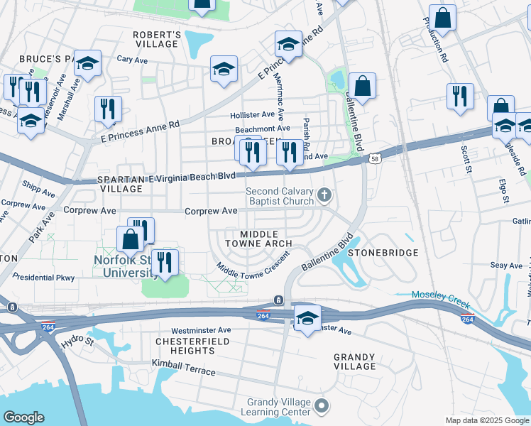 map of restaurants, bars, coffee shops, grocery stores, and more near 2819 Corprew Avenue in Norfolk