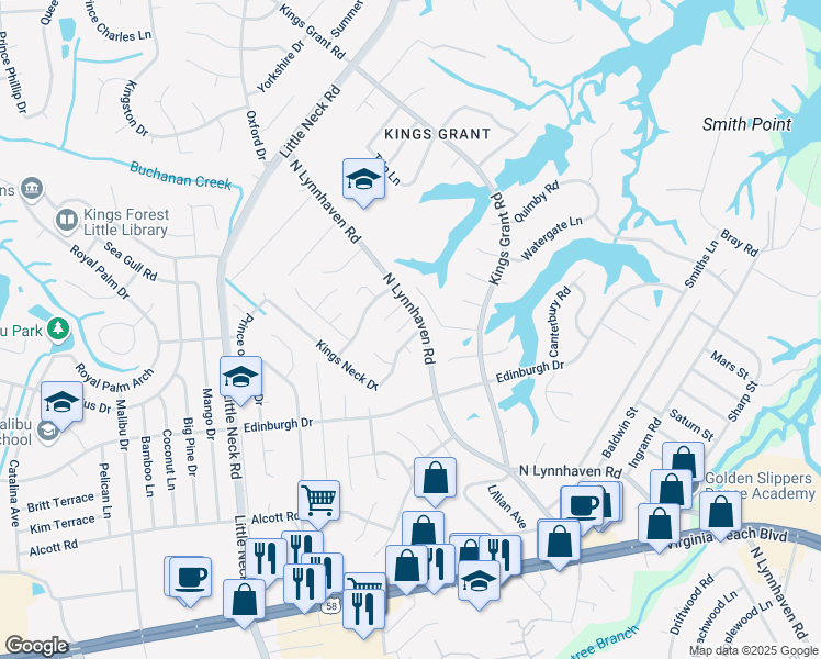 map of restaurants, bars, coffee shops, grocery stores, and more near 3300 Kings Neck Drive in Virginia Beach