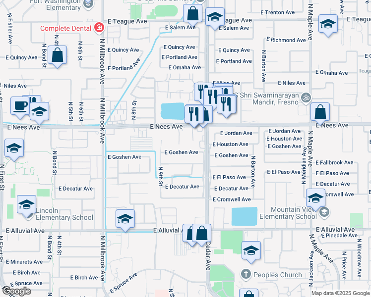map of restaurants, bars, coffee shops, grocery stores, and more near 1384 East Goshen Avenue in Fresno