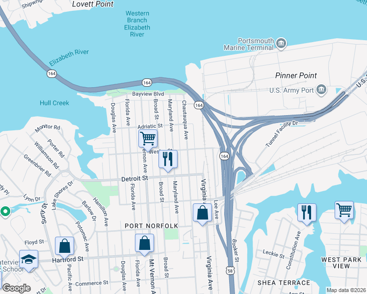 map of restaurants, bars, coffee shops, grocery stores, and more near 246 Chautauqua Avenue in Portsmouth