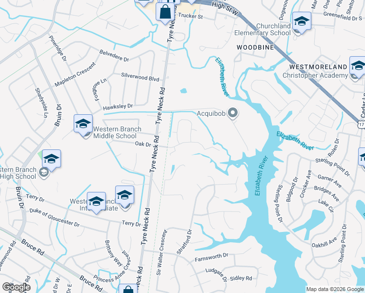 map of restaurants, bars, coffee shops, grocery stores, and more near 3919 Oak Drive East in Chesapeake