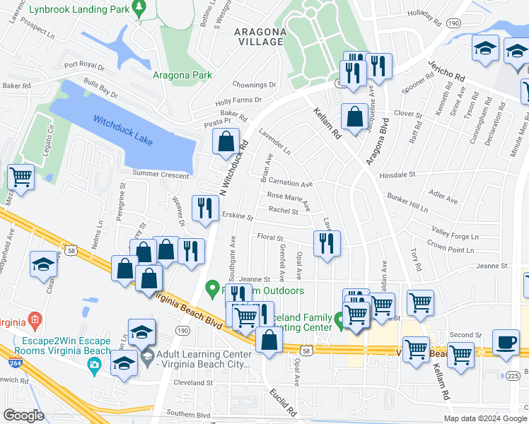 map of restaurants, bars, coffee shops, grocery stores, and more near 4949 Rachel Street in Virginia Beach