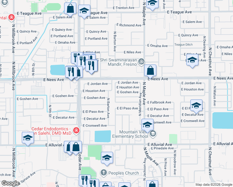 map of restaurants, bars, coffee shops, grocery stores, and more near 1779 East Goshen Avenue in Fresno