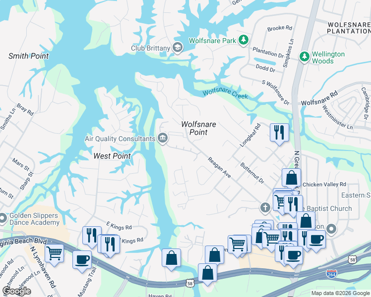 map of restaurants, bars, coffee shops, grocery stores, and more near 2585 Reagan Avenue in Virginia Beach