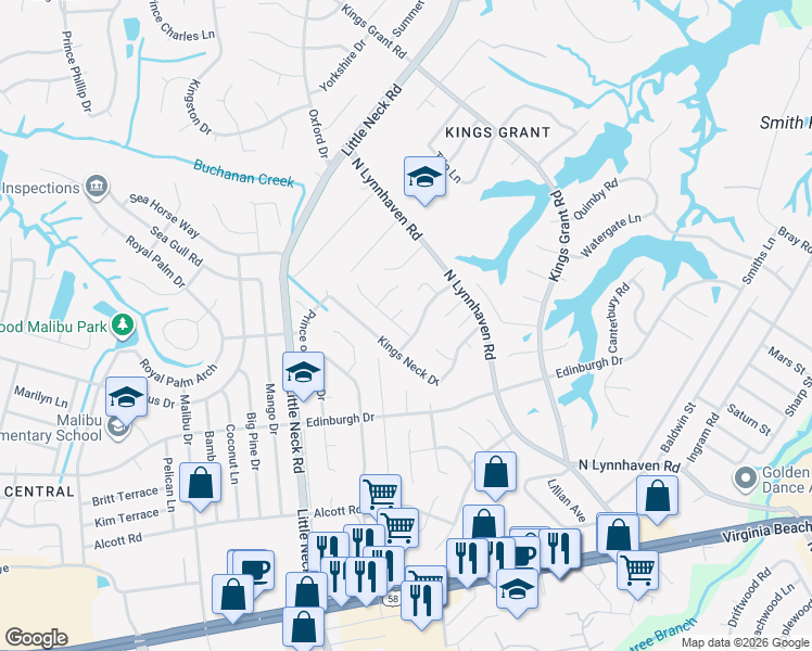 map of restaurants, bars, coffee shops, grocery stores, and more near 3408 Dickens Drive in Virginia Beach