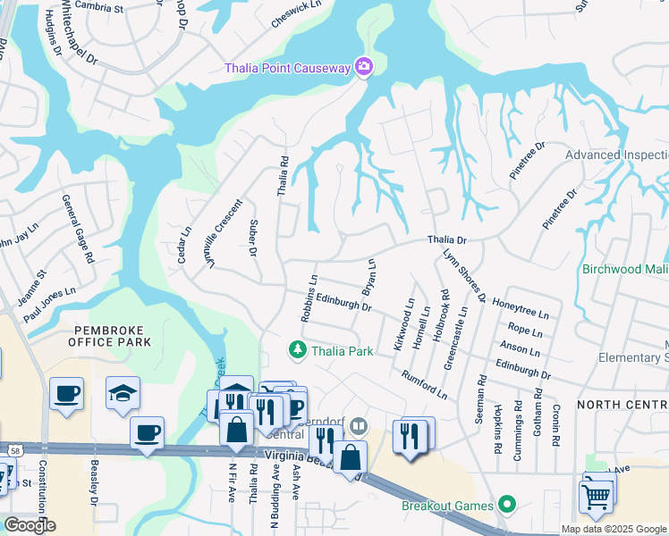 map of restaurants, bars, coffee shops, grocery stores, and more near 516 Robbins Lane in Virginia Beach