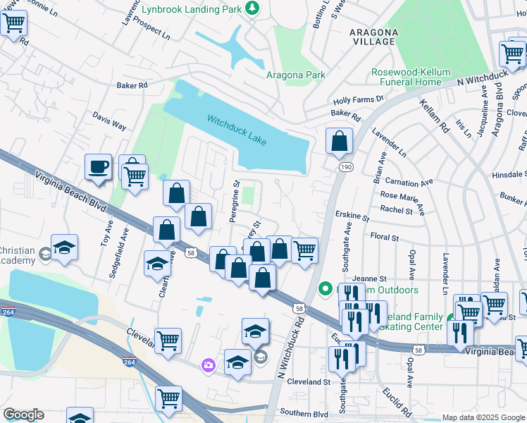 map of restaurants, bars, coffee shops, grocery stores, and more near 585 Peregrine Street in Virginia Beach