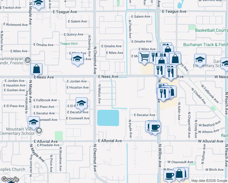 map of restaurants, bars, coffee shops, grocery stores, and more near 2650 East Goshen Avenue in Fresno