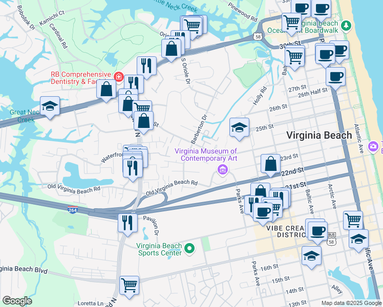 map of restaurants, bars, coffee shops, grocery stores, and more near 540 Barberton Drive in Virginia Beach