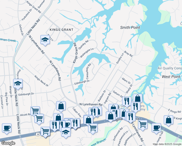 map of restaurants, bars, coffee shops, grocery stores, and more near 509 Holgate Crescent in Virginia Beach