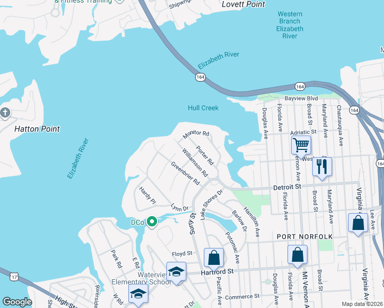 map of restaurants, bars, coffee shops, grocery stores, and more near 111 Williamson Road in Portsmouth