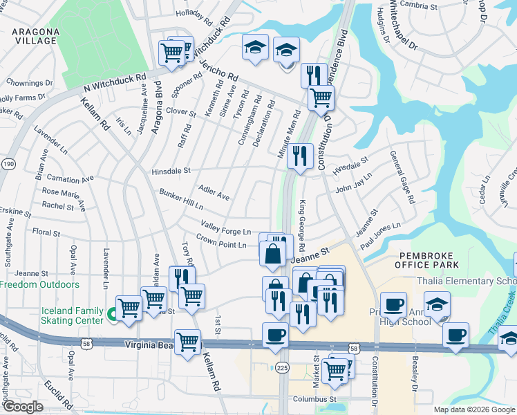 map of restaurants, bars, coffee shops, grocery stores, and more near 4605 Williamsburg Court in Virginia Beach