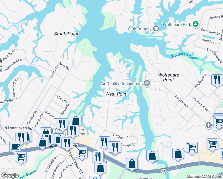 map of restaurants, bars, coffee shops, grocery stores, and more near 524 Chesopeian Trail in Virginia Beach