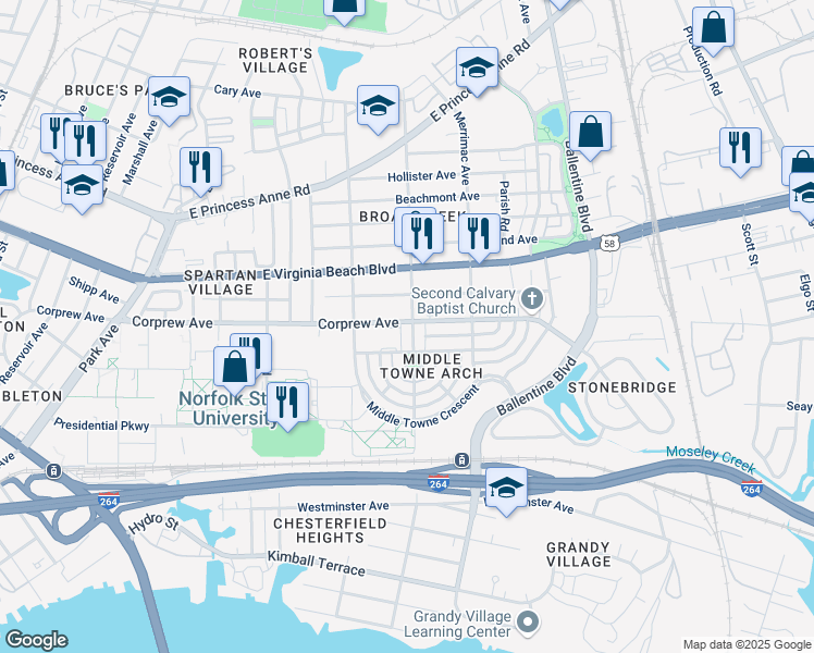 map of restaurants, bars, coffee shops, grocery stores, and more near 947 Norchester Avenue in Norfolk