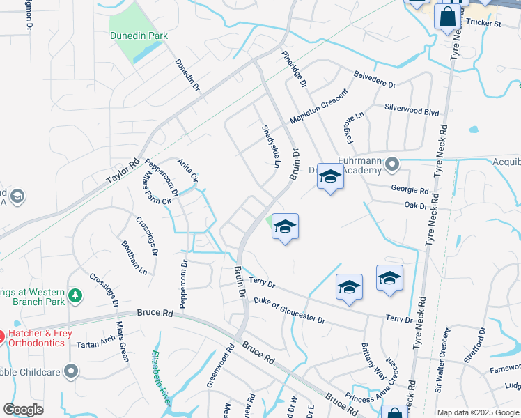 map of restaurants, bars, coffee shops, grocery stores, and more near 3327 Radcliffe Lane North in Chesapeake