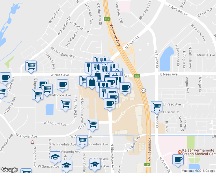 map of restaurants, bars, coffee shops, grocery stores, and more near 7956 N Blackstone Ave in Fresno
