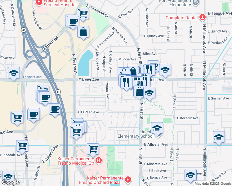 map of restaurants, bars, coffee shops, grocery stores, and more near 7722 North Angus Street in Fresno
