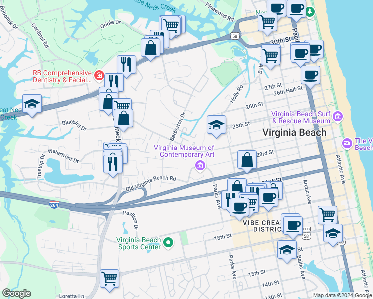 map of restaurants, bars, coffee shops, grocery stores, and more near 822 24th Street in Virginia Beach