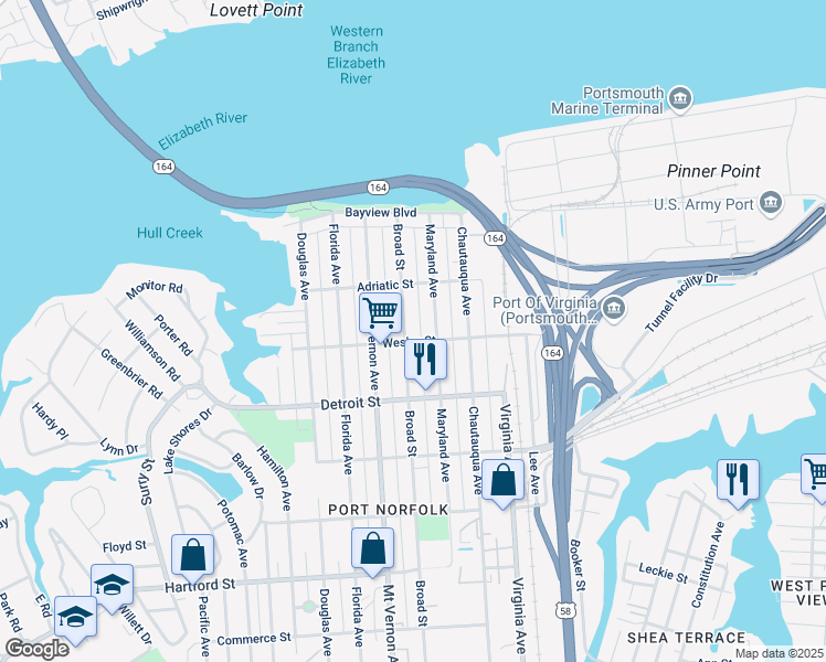 map of restaurants, bars, coffee shops, grocery stores, and more near 251 Broad Street in Portsmouth