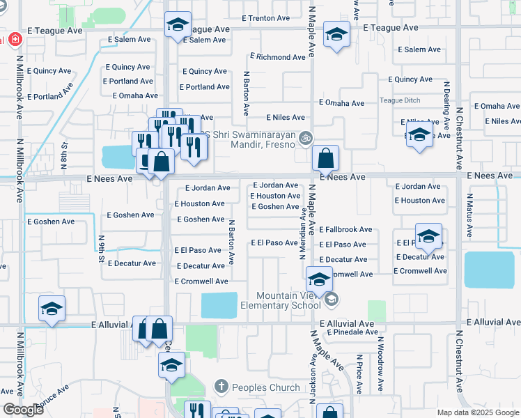 map of restaurants, bars, coffee shops, grocery stores, and more near 1779 East Goshen Avenue in Fresno