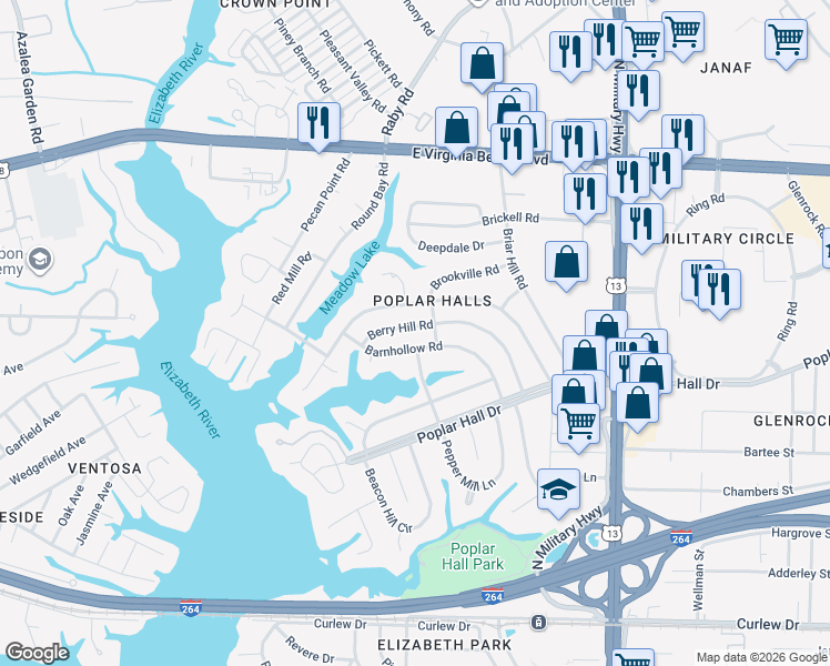 map of restaurants, bars, coffee shops, grocery stores, and more near 5425 Berry Hill Road in Norfolk