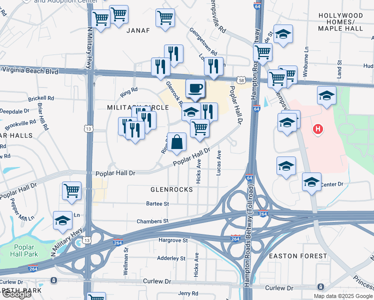 map of restaurants, bars, coffee shops, grocery stores, and more near 5920 Poplar Hall Drive in Norfolk