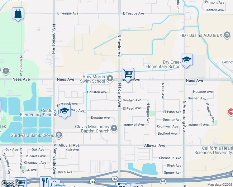 map of restaurants, bars, coffee shops, grocery stores, and more near 1762 Houston Avenue in Clovis