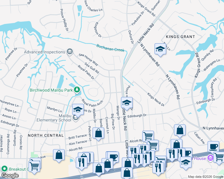 map of restaurants, bars, coffee shops, grocery stores, and more near 604 Virginius Drive in Virginia Beach