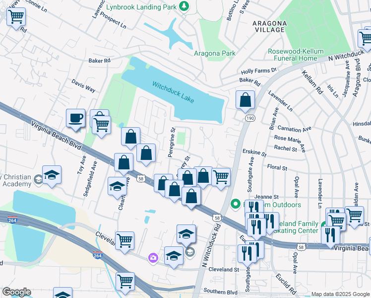 map of restaurants, bars, coffee shops, grocery stores, and more near 587 Peregrine Street in Virginia Beach