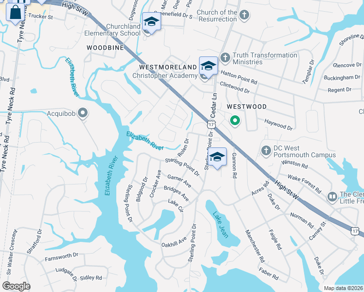 map of restaurants, bars, coffee shops, grocery stores, and more near 3114 Rolen Drive in Portsmouth