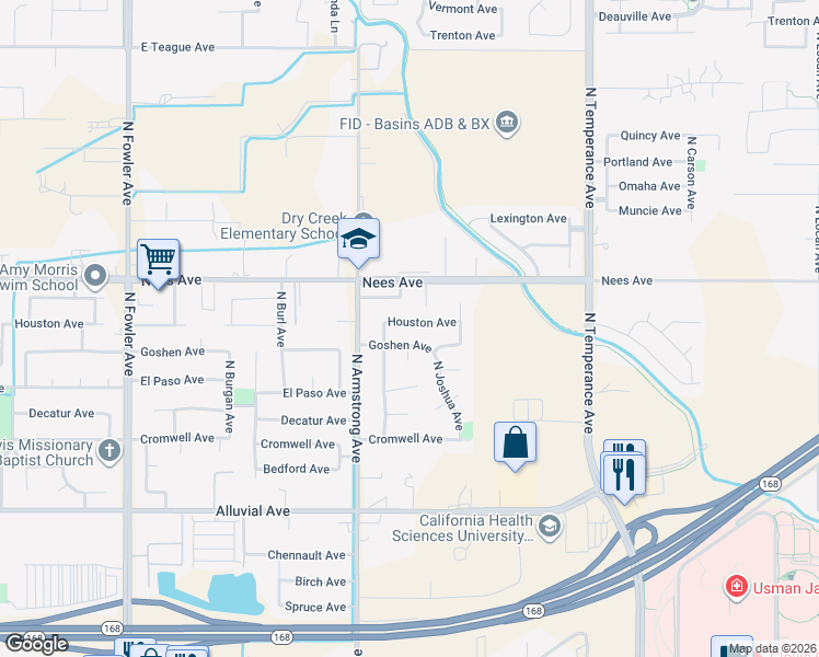 map of restaurants, bars, coffee shops, grocery stores, and more near 2290 Houston Avenue in Clovis
