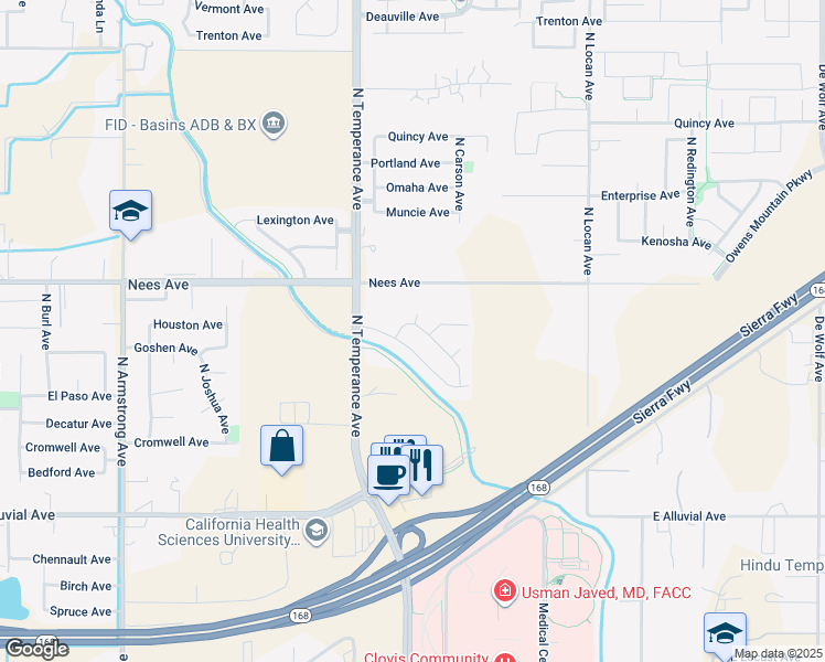 map of restaurants, bars, coffee shops, grocery stores, and more near 1143 North Applegate Avenue in Clovis