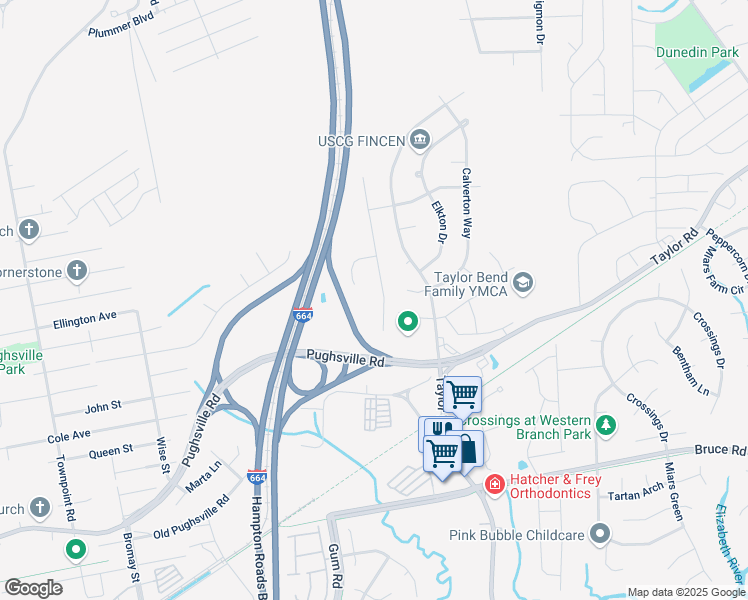 map of restaurants, bars, coffee shops, grocery stores, and more near 3524 Mardean Dr in Chesapeake