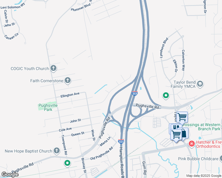 map of restaurants, bars, coffee shops, grocery stores, and more near 4936 Clifton Street in Chesapeake