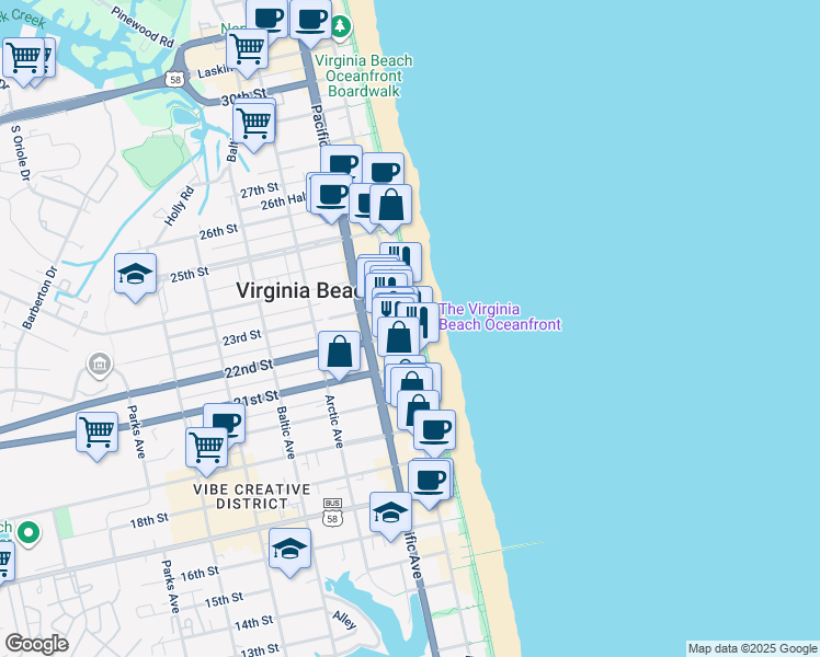 map of restaurants, bars, coffee shops, grocery stores, and more near 2201 Atlantic Avenue in Virginia Beach