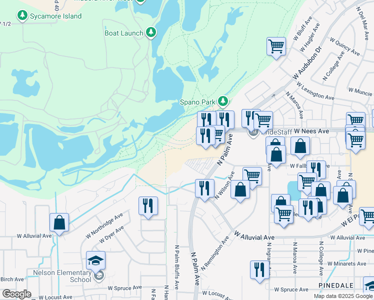 map of restaurants, bars, coffee shops, grocery stores, and more near 7815 North Palm Avenue in Fresno
