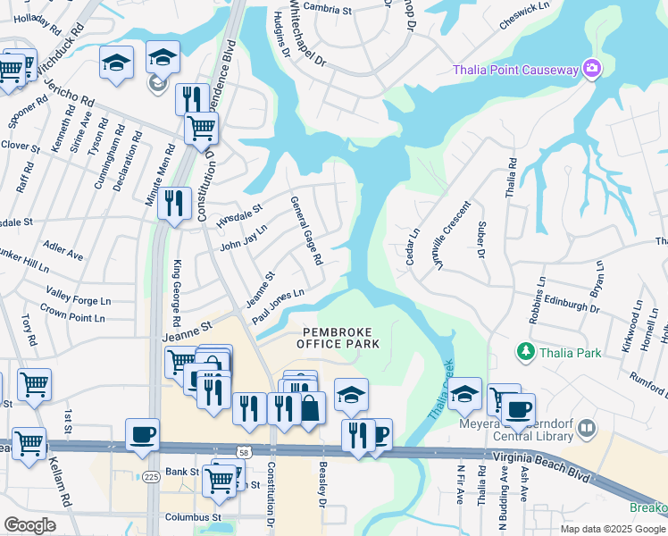 map of restaurants, bars, coffee shops, grocery stores, and more near 4405 General Gage Court in Virginia Beach