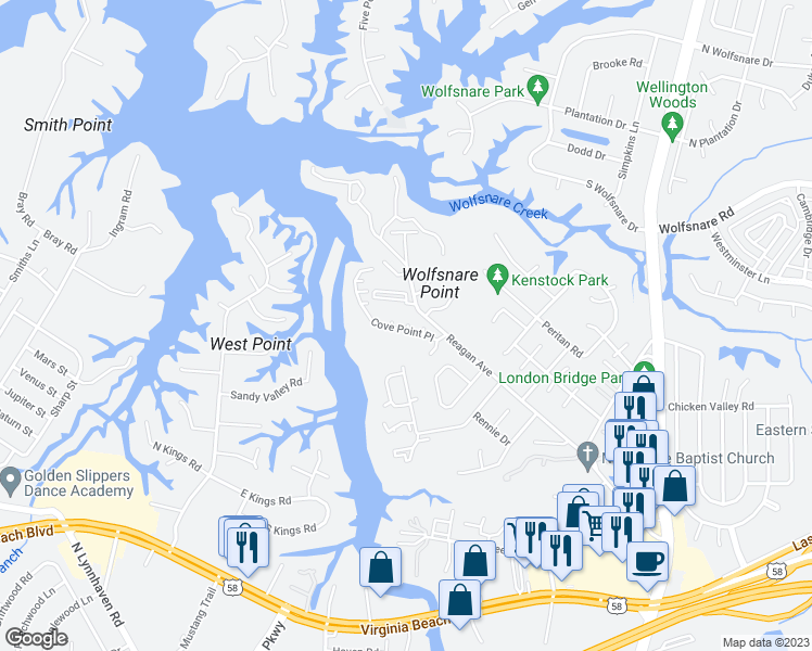 map of restaurants, bars, coffee shops, grocery stores, and more near 2578 Cove Point Place in Virginia Beach