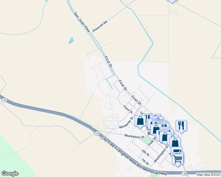 map of restaurants, bars, coffee shops, grocery stores, and more near 1121 Trailside Drive in San Juan Bautista