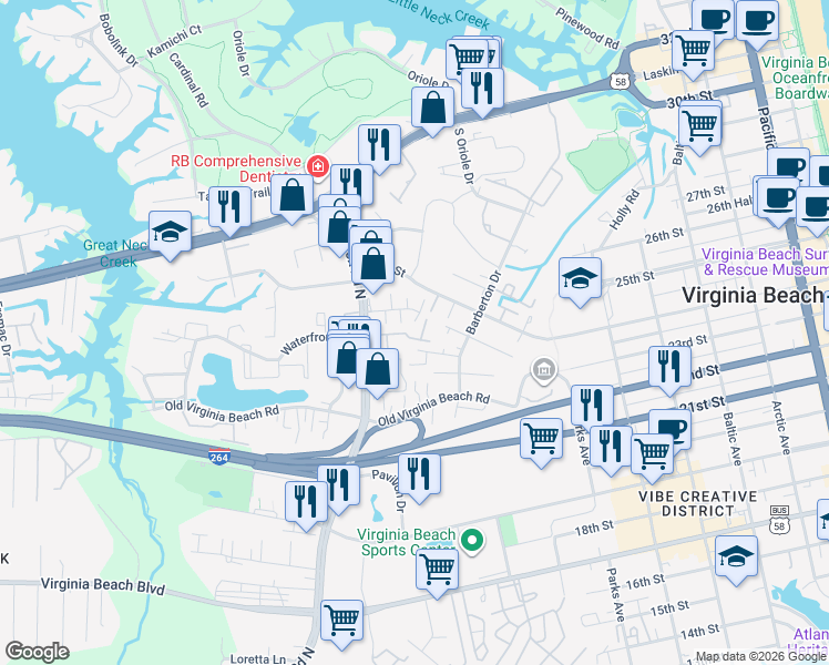 map of restaurants, bars, coffee shops, grocery stores, and more near 3433 Marabou Lane in Virginia Beach
