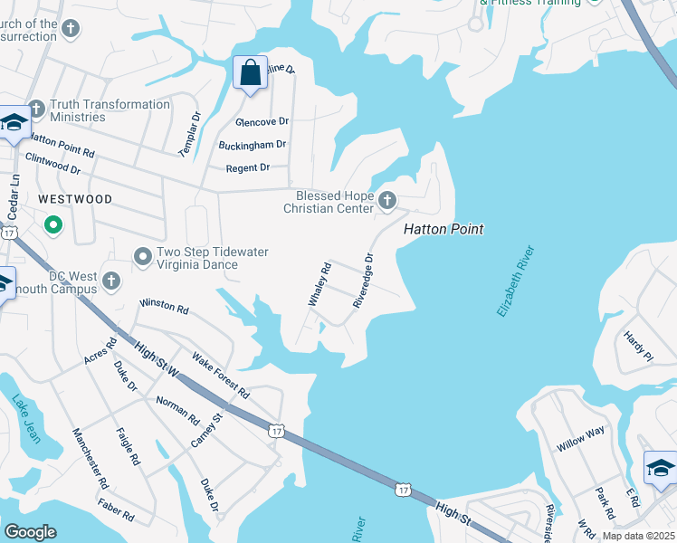 map of restaurants, bars, coffee shops, grocery stores, and more near 4413 Wise Road in Portsmouth