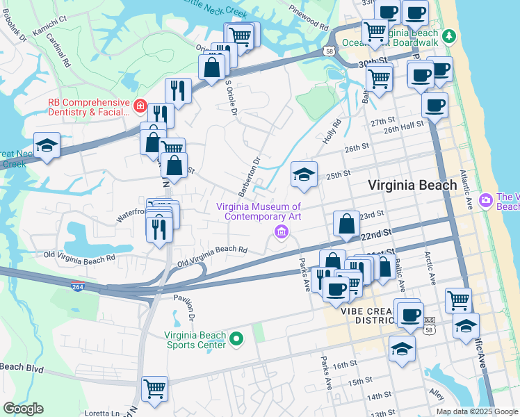 map of restaurants, bars, coffee shops, grocery stores, and more near 830 24th Street in Virginia Beach