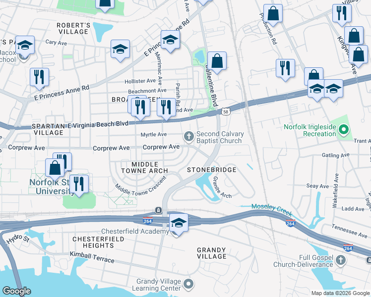 map of restaurants, bars, coffee shops, grocery stores, and more near 2957 Gate House Road in Norfolk