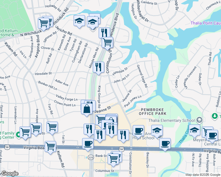 map of restaurants, bars, coffee shops, grocery stores, and more near 433 Constitution Drive in Virginia Beach