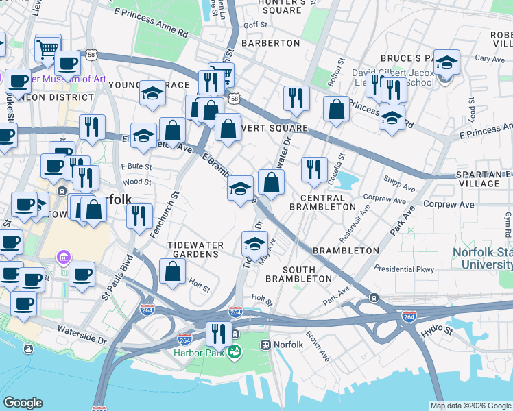 map of restaurants, bars, coffee shops, grocery stores, and more near 319 East Brambleton Avenue in Norfolk