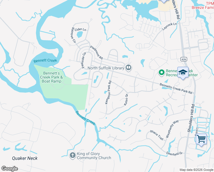 map of restaurants, bars, coffee shops, grocery stores, and more near 3018 Kempton Park Road in Suffolk